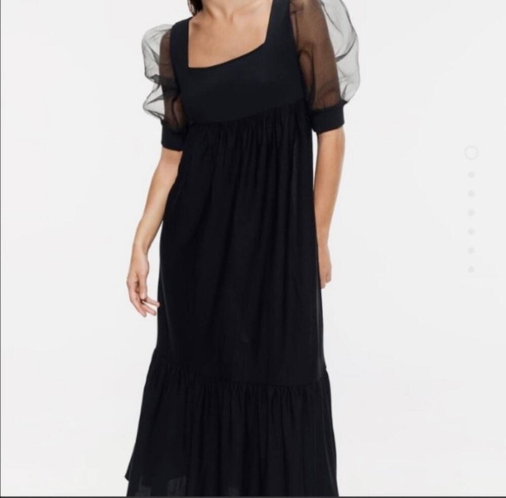 Zara Black Organza Tulle Puff Sleeve Square Neck Knit Maxi Dress Size Small